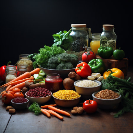 Healthy food background. Fruits and vegetables. Balanced diet.の素材