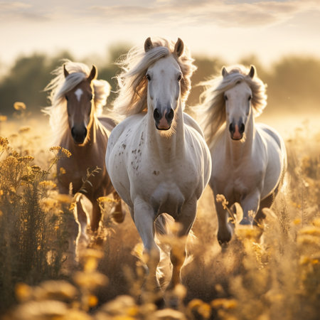 Beautiful horses running in the meadow at sunrise in autumn.の素材