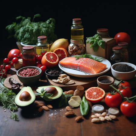 Healthy food clean eating selection: salmon, avocado, tomato, nuts, herbs, olive oil on wooden backgroundの素材