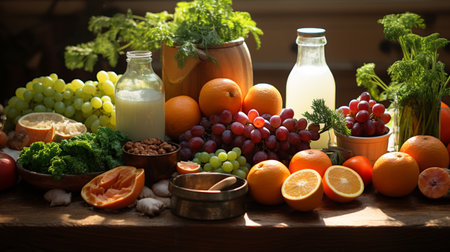 Composition with fresh fruits and vegetables on wooden table, closeupの素材