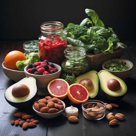 Healthy food clean eating selection. Fruits, vegetables, berries, nuts, superfoods on wooden background. Balanced diet.の素材