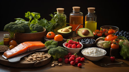 Healthy food clean eating selection: fish, salmon, avocado, fruit, vegetable, seeds, oil on wooden backgroundの素材
