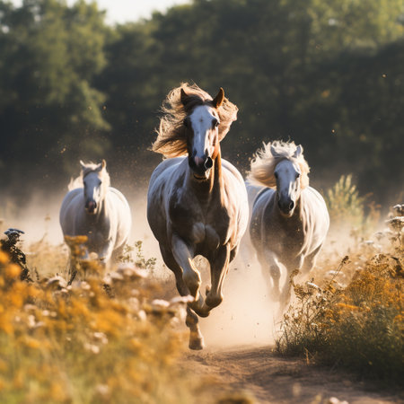 Beautiful horses run gallop in the meadow at sunset.の素材