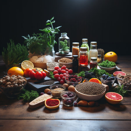 Healthy food selection on dark wooden background. Superfoods, healthy eating concept.の素材