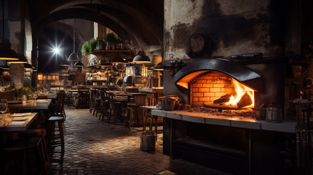 Traditional Italian restaurant at night with fire in the chimney.の素材