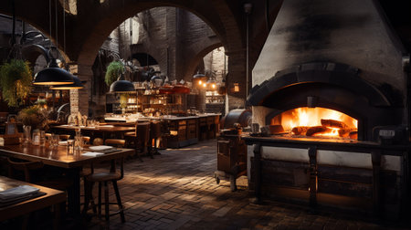Interior of a restaurant with firewood ovens and wooden tablesの素材