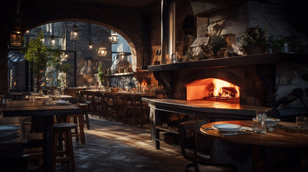Interior of a restaurant with a fireplace and wooden tables. Toned.の素材