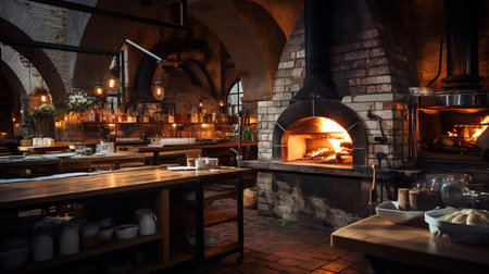 Interior of a restaurant with firewood and fireplace. Toned.の素材