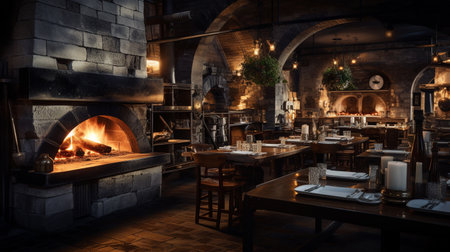 Restaurant interior with fire and fireplace. Vintage style toned pictureの素材