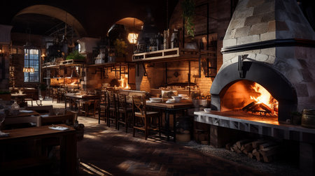 Interior of a cozy restaurant with a fireplace and a wooden tableの素材