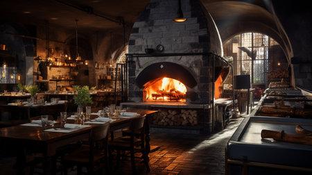 Traditional italian restaurant interior with fire and open firewood on the tableの素材