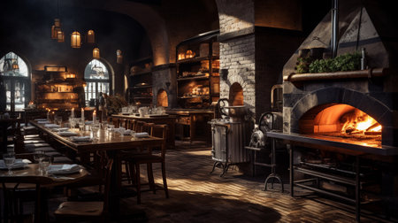 3D rendering of a restaurant interior in a medieval style with fireの素材