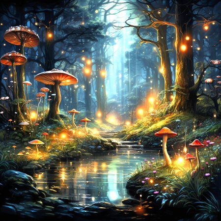 Fantasy forest with mushrooms, trees and lights. Digital painting.の素材