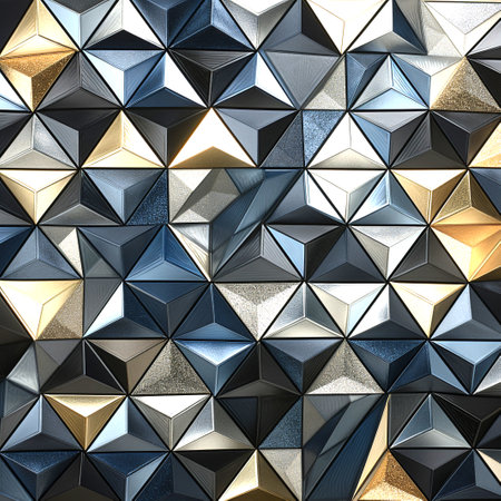 3d render of abstract geometric background made of golden, silver and black trianglesの素材