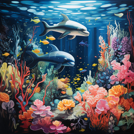 Underwater scene with dolphins, corals and algae. Vector illustrationの素材