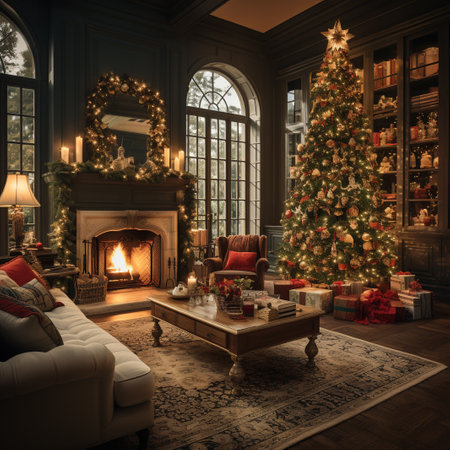Classic living room interior with Christmas tree, fireplace and armchair.の素材