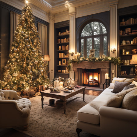 Luxury living room with Christmas tree and fireplace. 3d renderingの素材