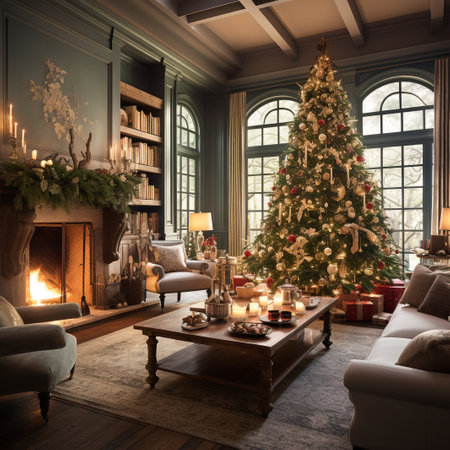 Luxury living room with Christmas tree and fireplace. Vintage style.の素材
