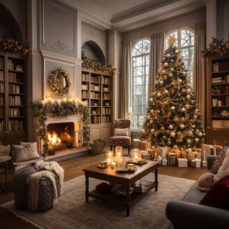 Christmas living room interior with a Christmas tree, fireplace and bookshelves.の素材