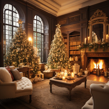 Luxury living room with Christmas tree, fireplace and armchairの素材