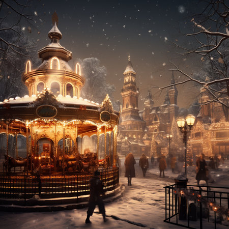 Christmas fairground carousel in the old town of Gdansk, Polandの素材
