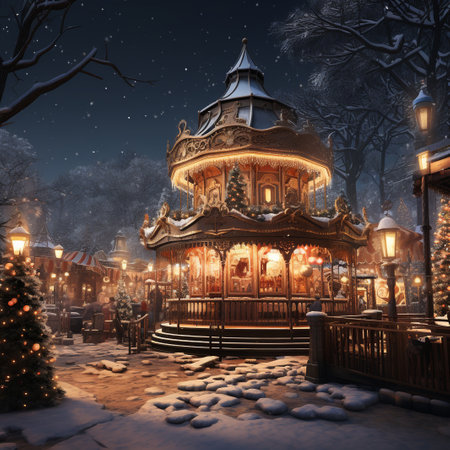Christmas fairground in the snowfall at night. 3d renderingの素材