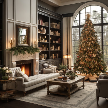 Luxury living room with Christmas tree and fireplace. 3d renderingの素材