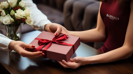 Close-up of female hands giving gift box to her boyfriend.の素材