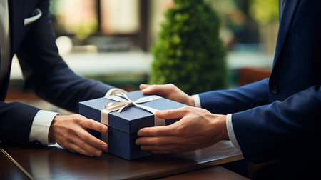 Close up of male hands holding a blue gift box with a satin bowの素材