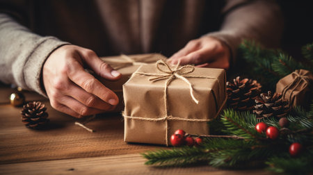 Female hands holding a christmas gift box on the wooden background.の素材