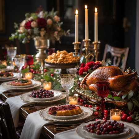 Festive table setting for Christmas or Thanksgiving dinner with roasted turkey, cranberry and other traditional dishes.の素材