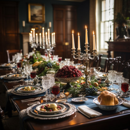 Festive table setting for Christmas or New Year dinner in classic styleの素材