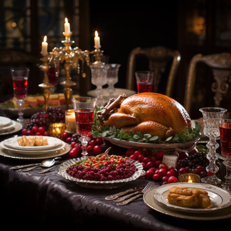 Thanksgiving dinner with roast turkey, cranberries and cookies on the tableの素材