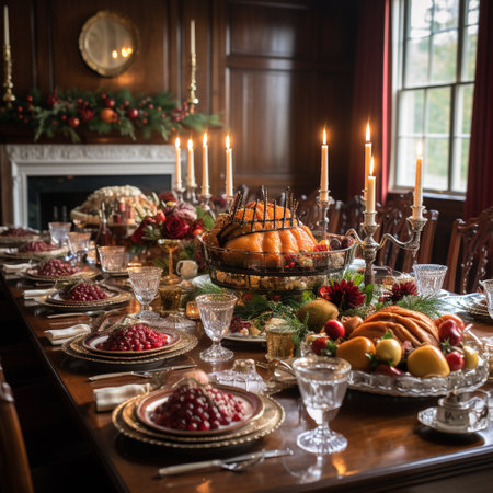 Festive table setting for Thanksgiving dinner in a rustic style.の素材