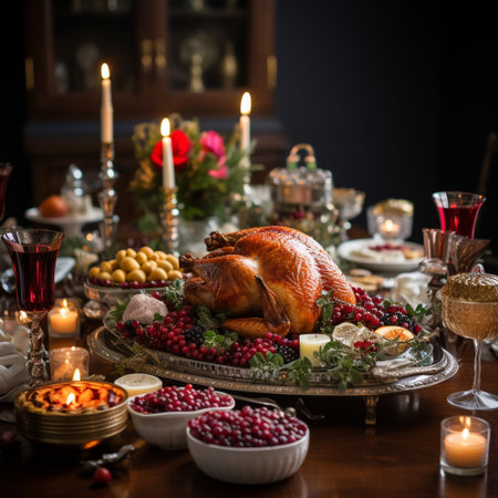 Traditional Christmas dinner with roasted turkey, cranberries and wine. Selective focus.の素材