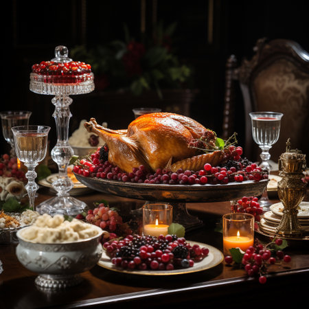 Thanksgiving dinner with roasted turkey, berries and wine on wooden tableの素材