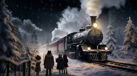 Silhouettes of children and an old steam locomotive in the snowy forest.の素材
