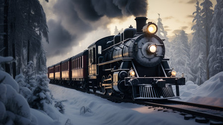 Vintage steam locomotive in the winter forest. 3D renderingの素材