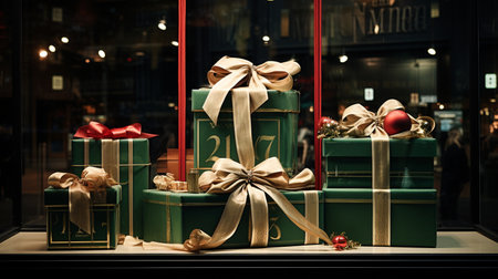 Shop window with gift boxes and Christmas ornaments in shopping mallの素材