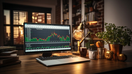 Computer monitor with stock market chart on screen. 3d rendering.の素材