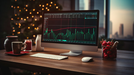 Computer monitor with stock market graph on table in office. Business and financial conceptの素材