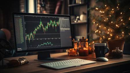 Computer monitor with stock market chart on screen. Business and finance concept.の素材