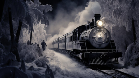 Steam locomotive at night in the winter forest. 3d renderingの素材