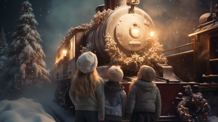 Children on the background of a steam locomotive in the winter forestの素材