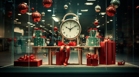 Christmas presents and clock in shop window. Toned image. 3D Renderingの素材