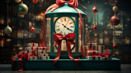 3D rendering of a vintage clock with a red bow and gifts in the backgroundの素材