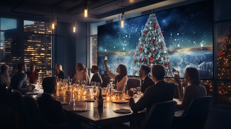 Group of people having dinner in a restaurant. Christmas tree in the backgroundの素材