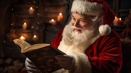 Portrait of Santa Claus reading book at home. Christmas and New Year concept.の素材