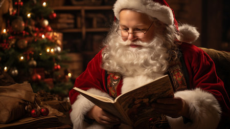 Portrait of Santa Claus reading a book by the Christmas tree.の素材