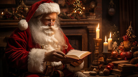 Santa Claus reading a book at home. Christmas and New Year concept.の素材